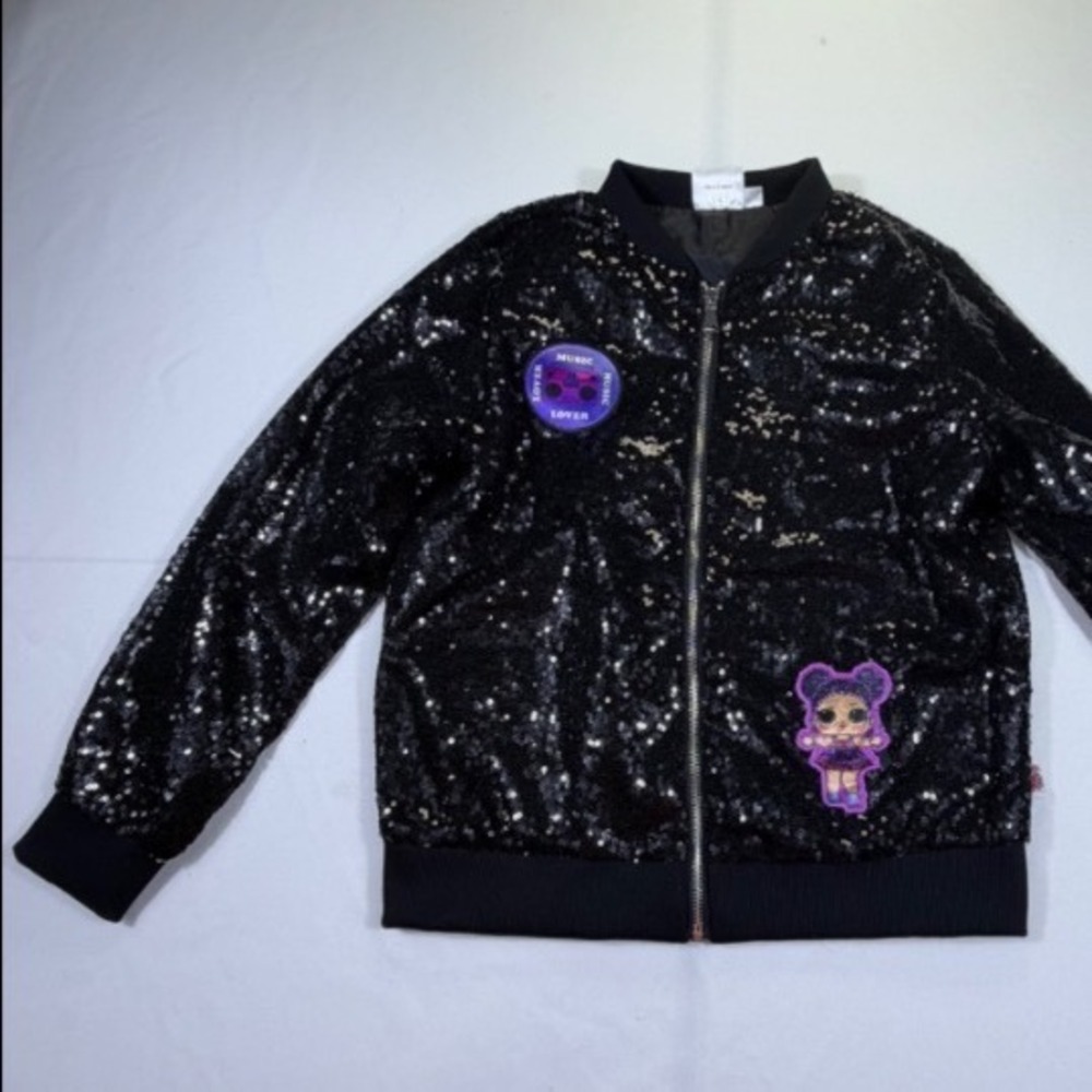 LOL Surprise Remix Girls Black Sequin Bomber Jacket Music Lover Patch Size 10/12 - Picture 7 of 7